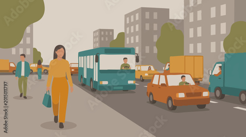 Urban street scene with pedestrians and vehicles in city traffic