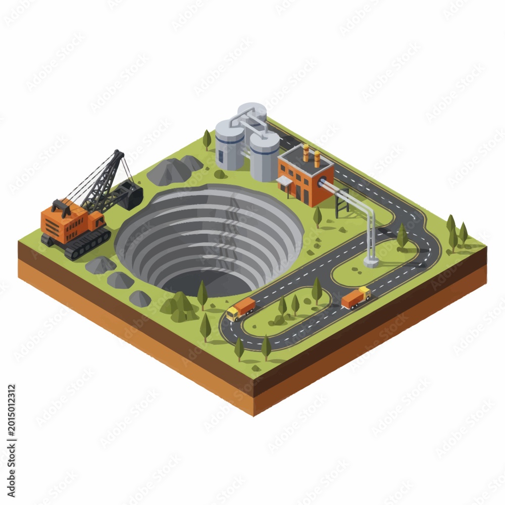 Fototapeta premium Isometric view of a mining operation with a large pit and industrial buildings.