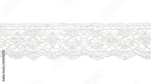 White lace ribbon strip with intricate floral patterns for wedding craft decor frontal isolated png on a transparent background perfectly cutout high resolution