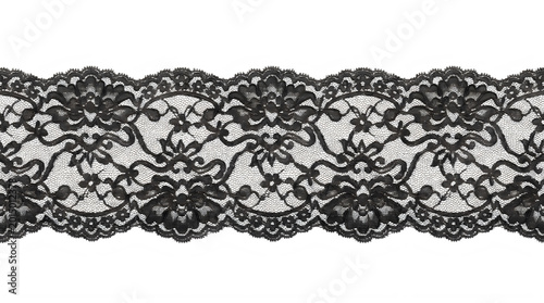 Wide black floral lace ribbon for dark gothic and luxury fashion decoration frontal isolated png on a transparent background perfectly cutout high resolution