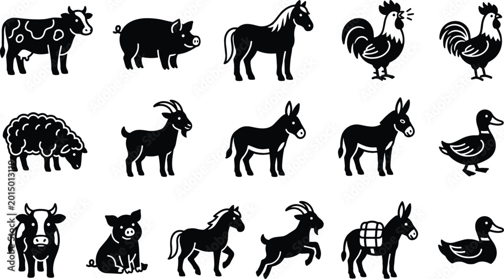 Fototapeta premium Collection of sixteen solid black farm animal vector icons featuring cow pig horse rooster hen sheep goat donkey and duck silhouettes