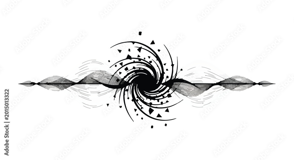 Obraz premium Vortex abstract graphic shows a spinning gravitational singularity pulling in particles and energy through a dark tunnel of swirling forces in a cosmic environment of deep space phenomena.