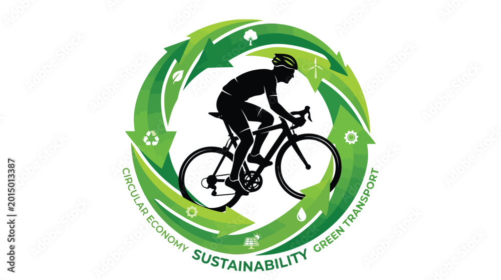 Obraz premium Professional cyclist riding a road bike inside a circular green arrow emblem representing modern eco friendly transportation systems and sustainable living concepts for a cleaner and healthier future 