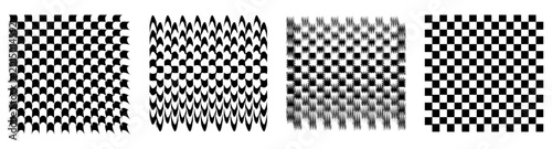 Set of black and white checkered patterns with distorted geometric effects.