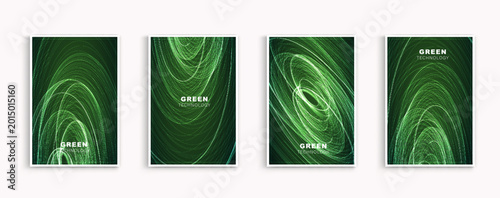 Set of green technology poster cover templates. Abstract dark background with futuristic glowing digital light lines and dynamic network waves. Eco-friendly sustainable energy concept design.