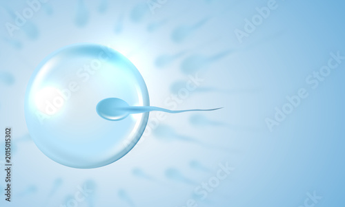 Fotografie 3D illustration of active human sperm cells swimming towards a female egg on light blue background