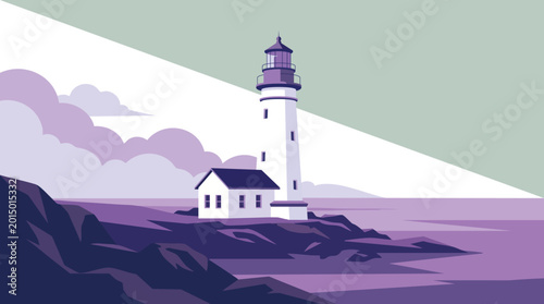 Schilderij op canvas Lighthouse illustration with coastal scenery in pastel purple and green