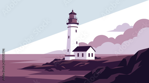 Lighthouse and keeper's house illustration in a flat, pastel style