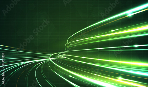 Abstract futuristic green light trails on dark hexagon grid background. High speed digital data flow, fiber optic network connection, cyberspace energy stream and modern technology concept design.