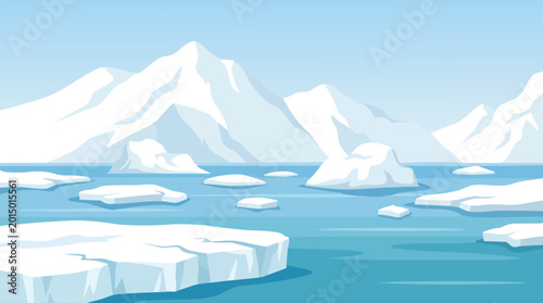Bild auf Leinwand Arctic landscape with icebergs and mountains, vector illustration