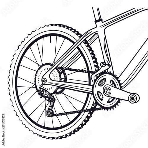 Tableau sur toile Close-up of bicycle rear wheel cassette chain derailleur crankset with line art