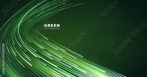 Abstract futuristic green light trails on dark hexagon grid background. High speed digital data flow, fiber optic network connection, cyberspace energy stream and modern technology concept design.