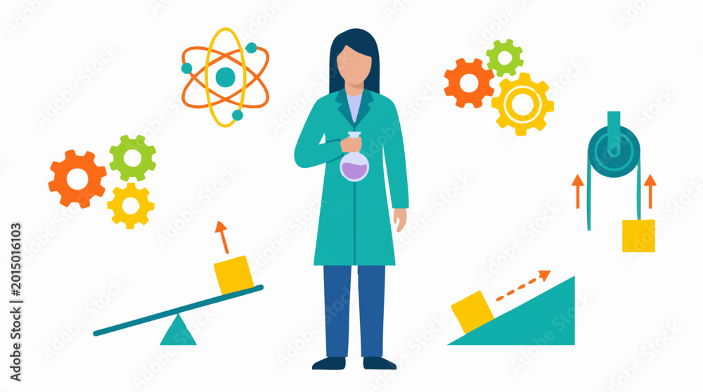 Fototapeta premium Female scientist with various STEM symbols for education and innovation