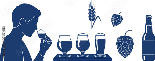 Tableau sur toile Man tasting beer flight with hops and barley grains, beer bottle and brewing elements on gray