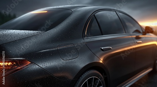 Luxury black sedan parked in the rain with glowing tail lights during a dramatic sunset evening