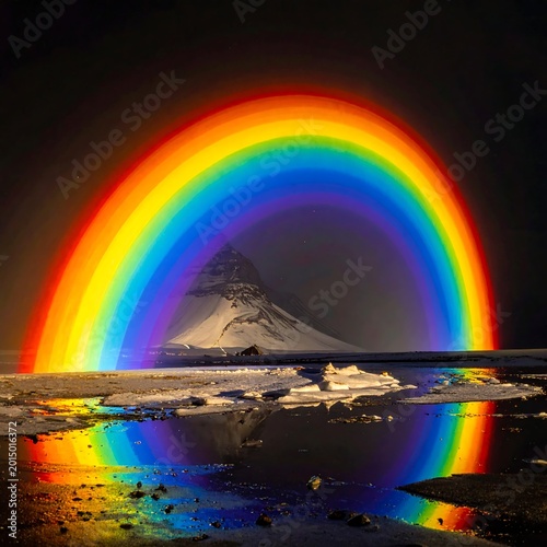 Vibrant rainbow arcs over snow-capped mountain landscape