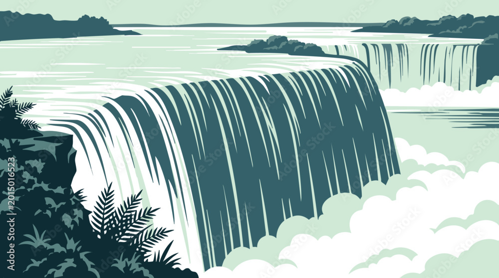 Fototapeta premium Adobe IllustratNiagara falls landscape, stylized woodcut print with green and blue tonesor Artwork