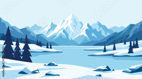 Картината върху платно Winter landscape with snow-covered mountains and a frozen lake, vector illustrat