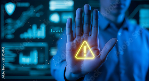 Business professional showing stop warning sign on digital interface display screen.