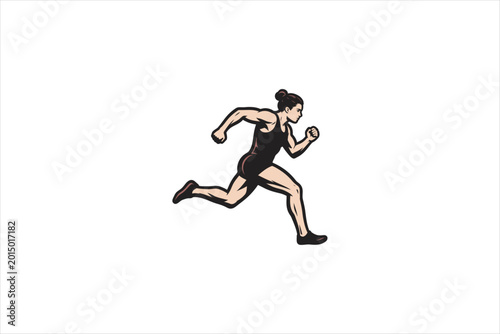 Female runner sprinting in dynamic motion, sporty woman athlete illustration isolated on clean background for fitness, racing, workout, and sports design. Vector illustration.