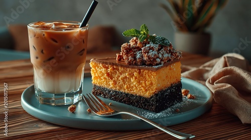 A Decadent Slice of Two-Layer Cake with Iced Coffee on a Wooden Table for a Sweet Afternoon Treat