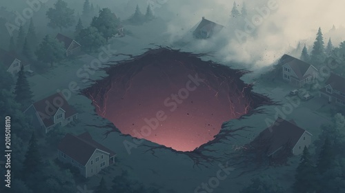 A Large Mysterious Sinkhole Opening in a Quiet Suburban Neighborhood Residential Landscape
