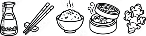Schilderij op canvas Set of hand drawn asian food icons with rice and dim sum