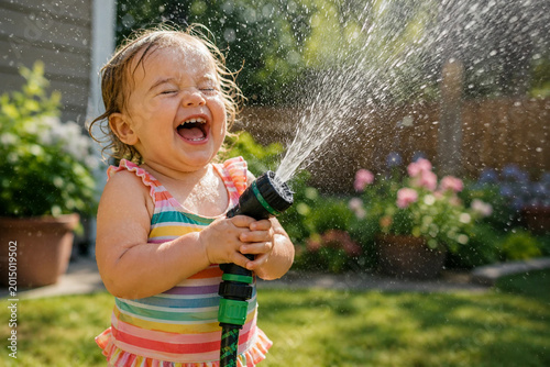Toddler sprays herself with the water hose