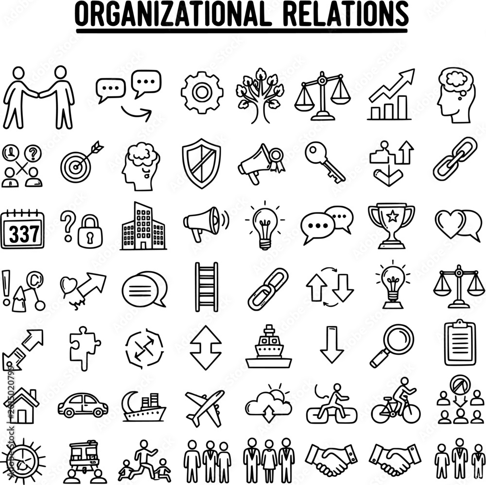 Fototapeta premium Comprehensive Set of Organizational Relations Line Icons: Business, Communication, Teamwork, Growth, Strategy, and Human Resources Concepts