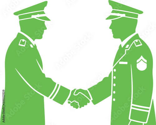 Tableau sur toile Two green silhouetted military officers shaking hands in agreement over grey checkered background