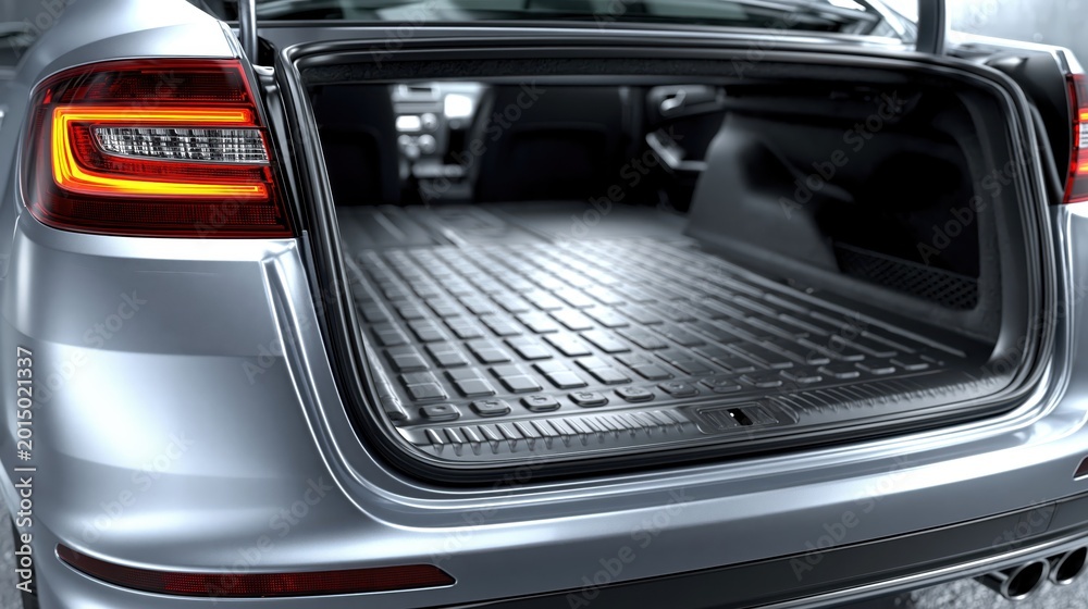 Fototapeta premium Open Trunk of a Silver Luxury Sedan with Custom Rubber Cargo Mat Installed Inside
