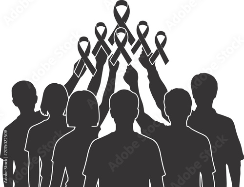 Fotografi Group of people holding up awareness ribbons in support of a cause or for charity event