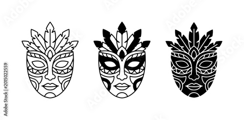 Bild auf Leinwand Tribal Masks Vector Set, Ethnic Face Icons, Cultural Headdress Symbols, Black an