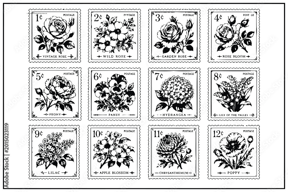 Obraz premium Black and white botanical flower stamps sheet with intricate designs Vector