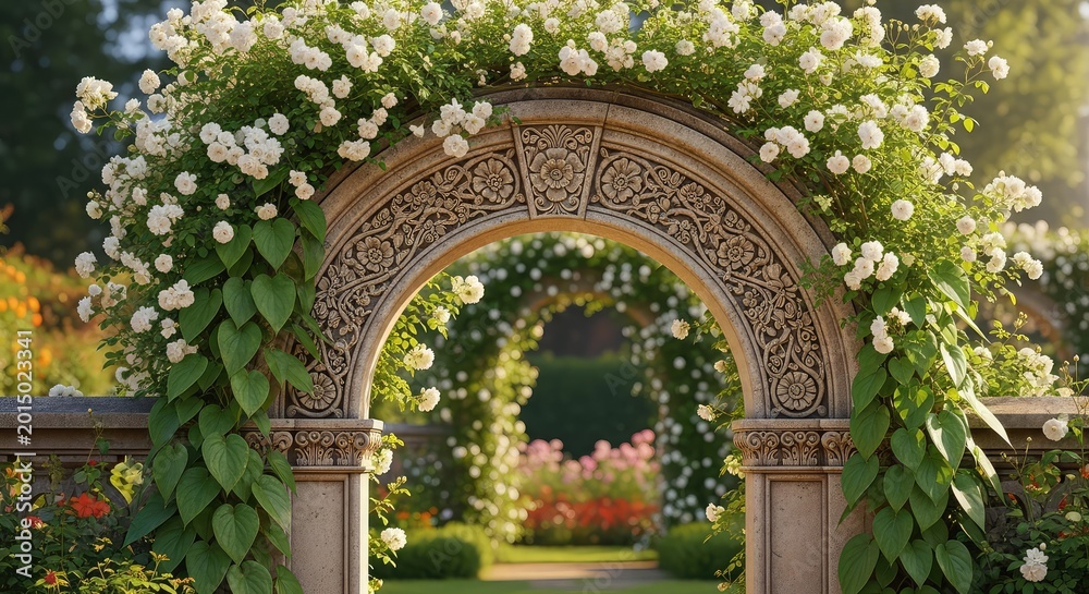 Fototapeta premium A majestic stone archway adorned with climbing white roses and lush green vines stands in a sun-drenched botanical garden with soft light, lush, botanical, spring