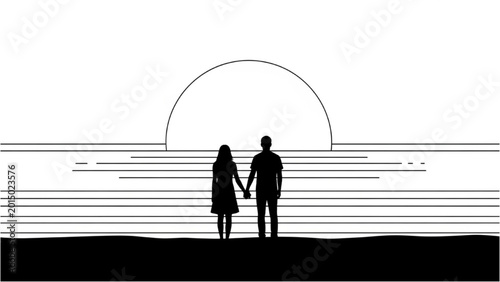 Tableau sur toile Couple walks hand in hand near 2D CAD designed beach sunset