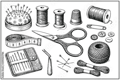 фотографія Vintage sewing kit with tools and accessories arranged on a flat surface Vector