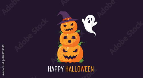Stack of three carved jack-o-lanterns wearing a witch hat next to a friendly ghost for Halloween, with happy halloween text at the bottom.