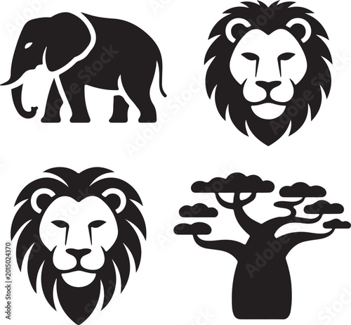 Εκτύπωση καμβά African safari animal and tree icons featuring an elephant, lion faces, and a di