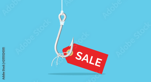 Large metal fish hook with a red sale tag attached, symbolizing marketing strategies used to attract customers and capture retail interest.
