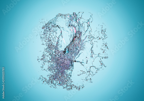 Photography A highly detailed 3D rendered water splash captured at a frozen moment in time, set against a clean light turquoise background