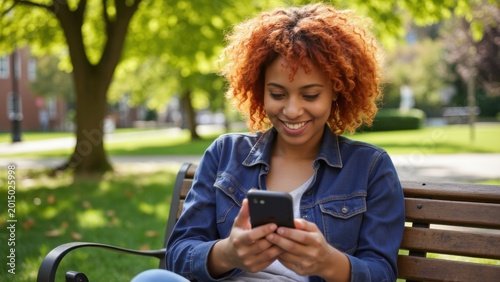 Young girl with curly hair using cell phone, smiling at camera. Green park bench behind her.