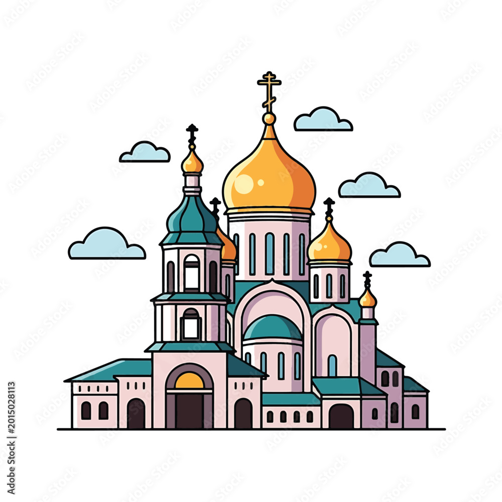 Fototapeta premium Large ornate church with golden domes.