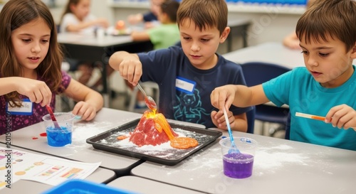 Young boy engaged in a hands-on science experiment, creating a volcanic eruption in a classroom setting, fostering educational curiosity.