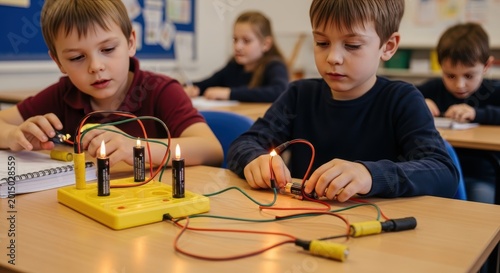 Young students actively engaged in an electricity science experiment within a bright classroom setting
