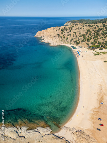 Aerial View of Sunny Pachia Ammos Beach on Samothraki Island Greece