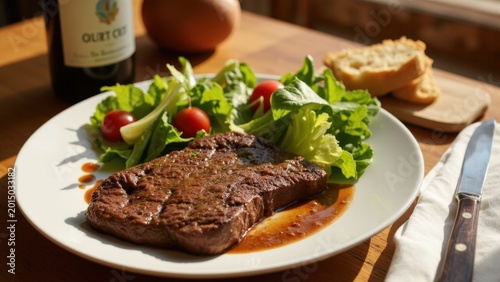 Grilled steak on a white plate, served with fresh greens salad and bread.
