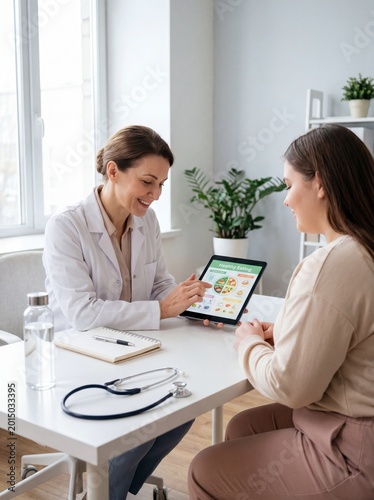 A female nutritionist advises an overweight patient on healthy eating.