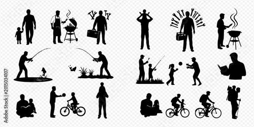 Schilderij op canvas Father and child silhouettes engaging in various activities like fishing, cycling, and playing, depicting family bonding moments