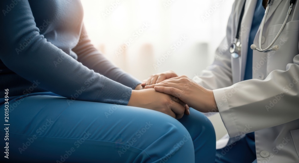 Fototapeta premium Compassionate doctor holding patients hand in a medical consultation